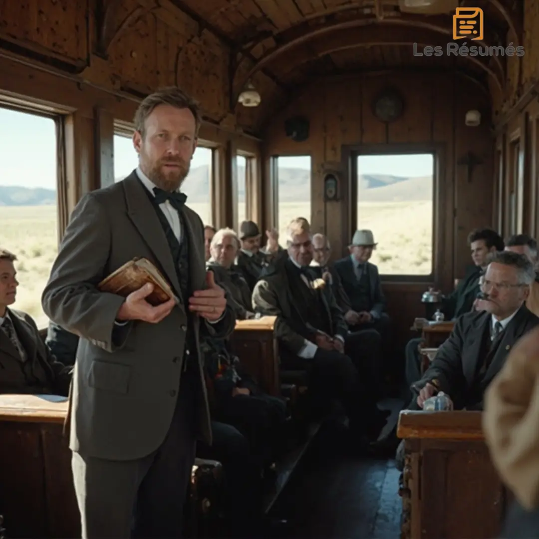 Photo de William Hitch : Un missionnaire mormon prêchant à bord d’un train traversant les vastes plaines américaines, livre à la main. 