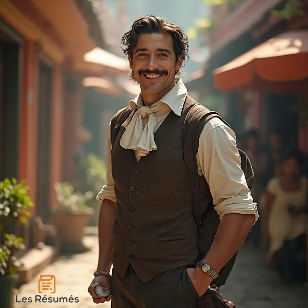 Photo de Passepartout, le valet débrouillard et chaleureux de Phileas Fogg, souriant, dans une rue animée en Inde. 