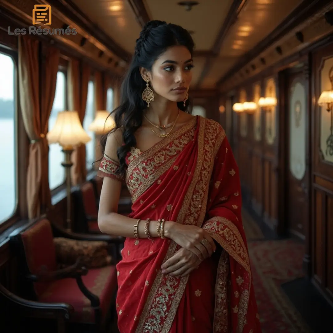 Photo d'Aouda, une princesse indienne gracieuse vêtue d’un sari rouge et doré, dans un luxueux train en route pour l’Europe dans Le Tour du Monde en 80 Jours. 
