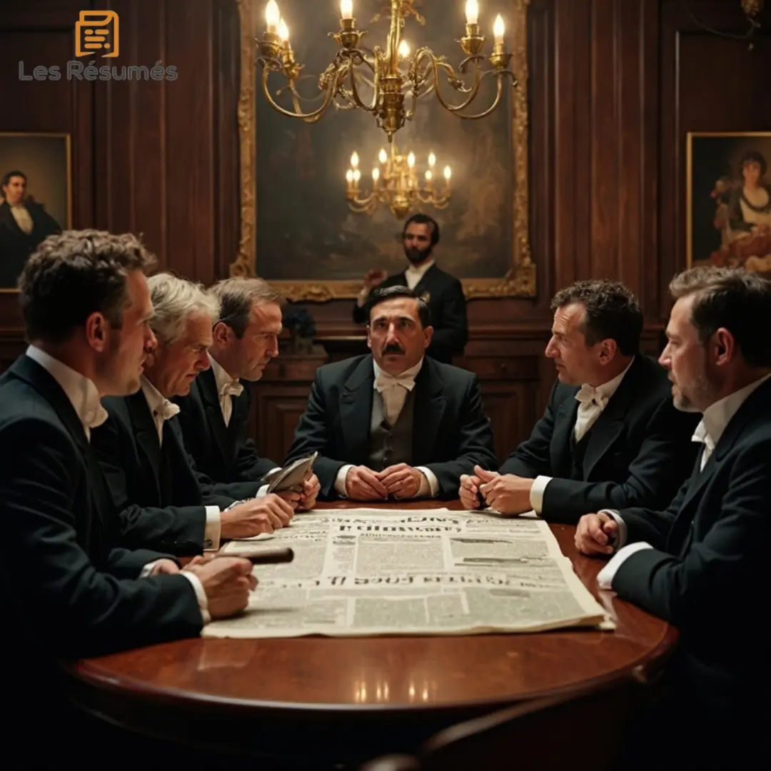 Des gentlemen réunis autour d’une table, discutant du pari audacieux de Phileas Fogg dans le tour du monde en 80 jours. 
