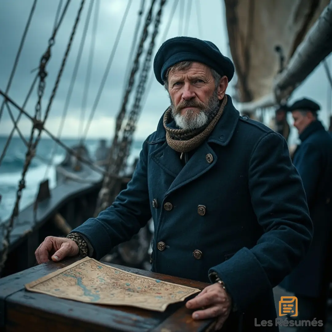 Photo de John Bunsby : Capitaine expérimenté de la goélette Tankadère, tenant une carte à bord de son navire, prêt à affronter les vagues. 