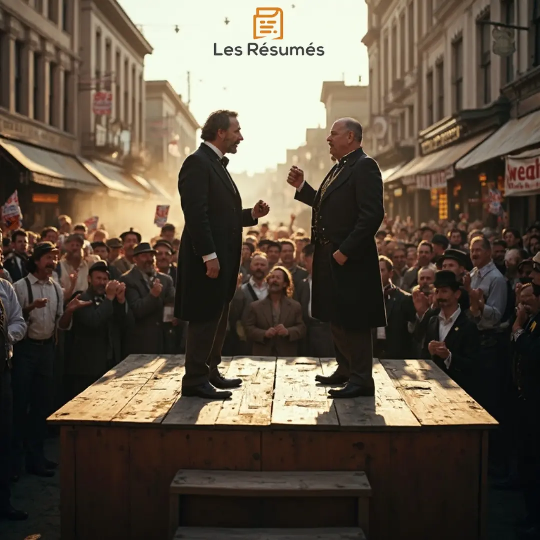 Photo de Camerfield et Mandiboy : Deux politiciens américains rivaux s'affrontant lors d’un débat public enflammé sur une scène à San Francisco dans Le Tour du monde en 80 jours. 
