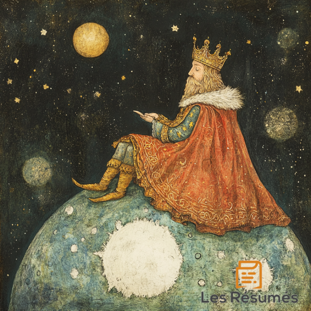 Illustration du roi assis sur sa planète dans ce roman de Saint-Exupéry.