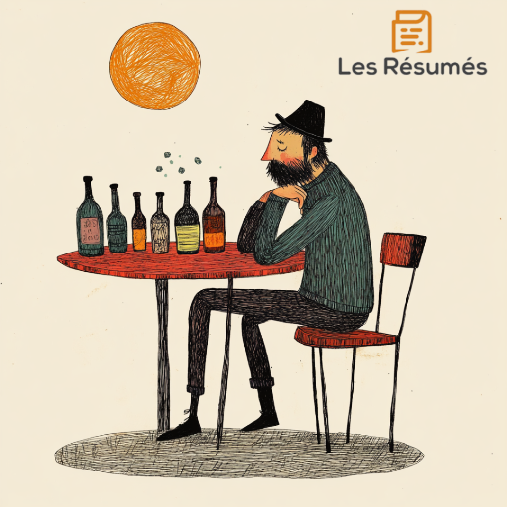 Image du buveur assis sur une table avec un air mélancolique ayant pour seule compagnie des bouteilles.