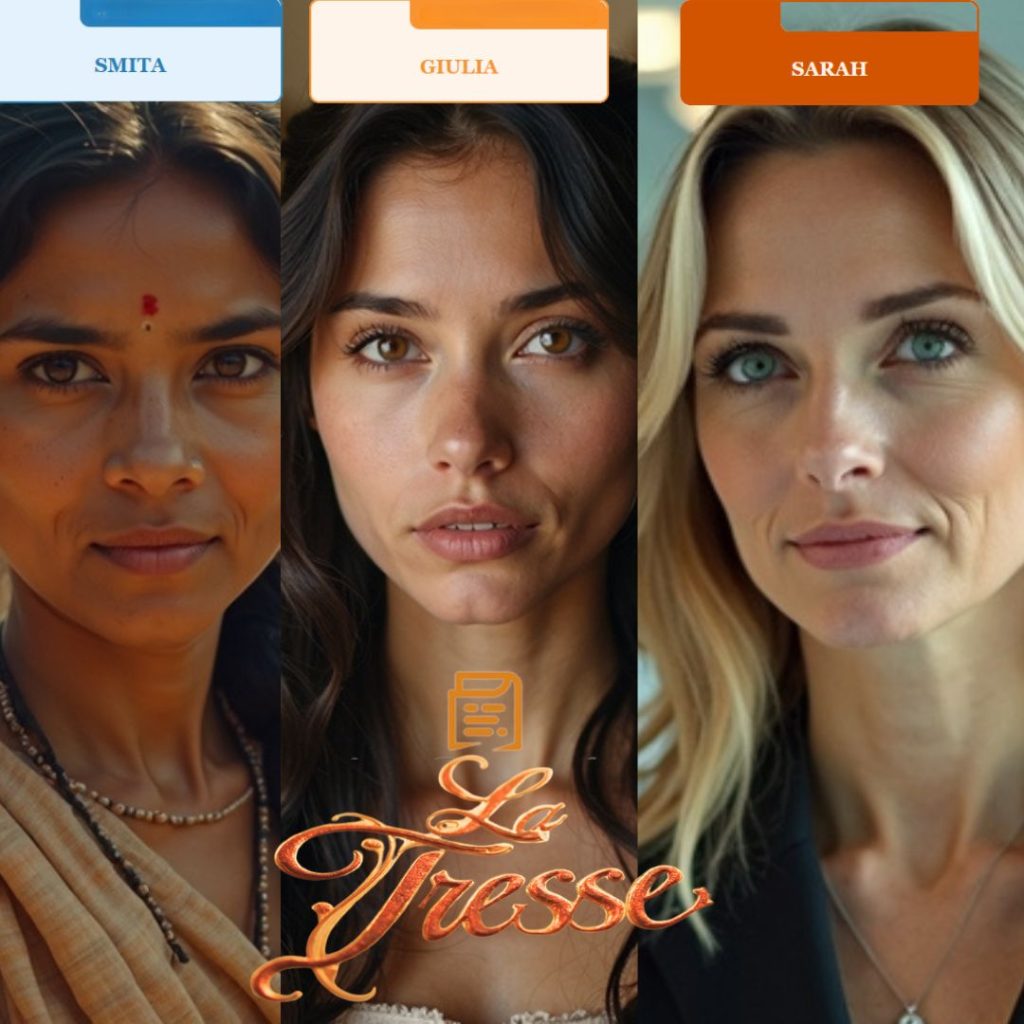 Photographie de Smita, Giulia et Sarah, les trois personnages principales de La Tresse de Laetitia Colombani. 