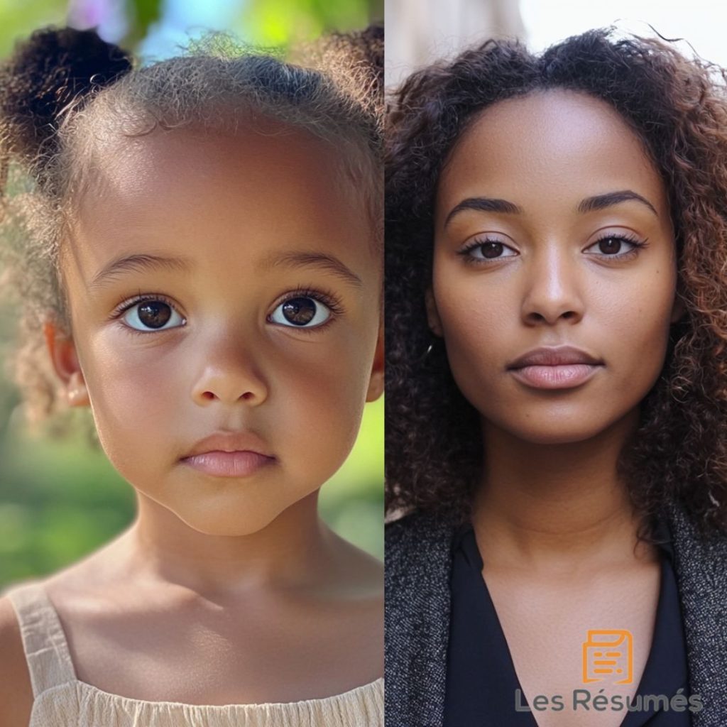 Photographie d'Anna, enfant à gauche et adulte à droite, qui est la sœur de Gabriel dans notre étude des personnages de Petit Pays de Gaël Faye.