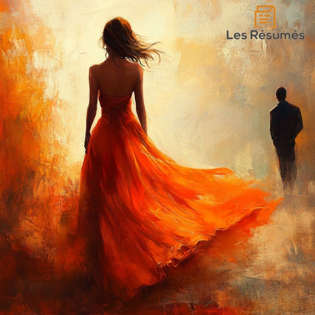 Une femme vêtue d'une robe orange flamboyante se tourne vers un homme en arrière-plan, s'éloignant dans un paysage brumeux. Cette scène évoque la mélancolie et le départ, un thème récurrent dans les nouvelles de Colette, où les personnages explorent la solitude et l'éloignement des relations humaines.