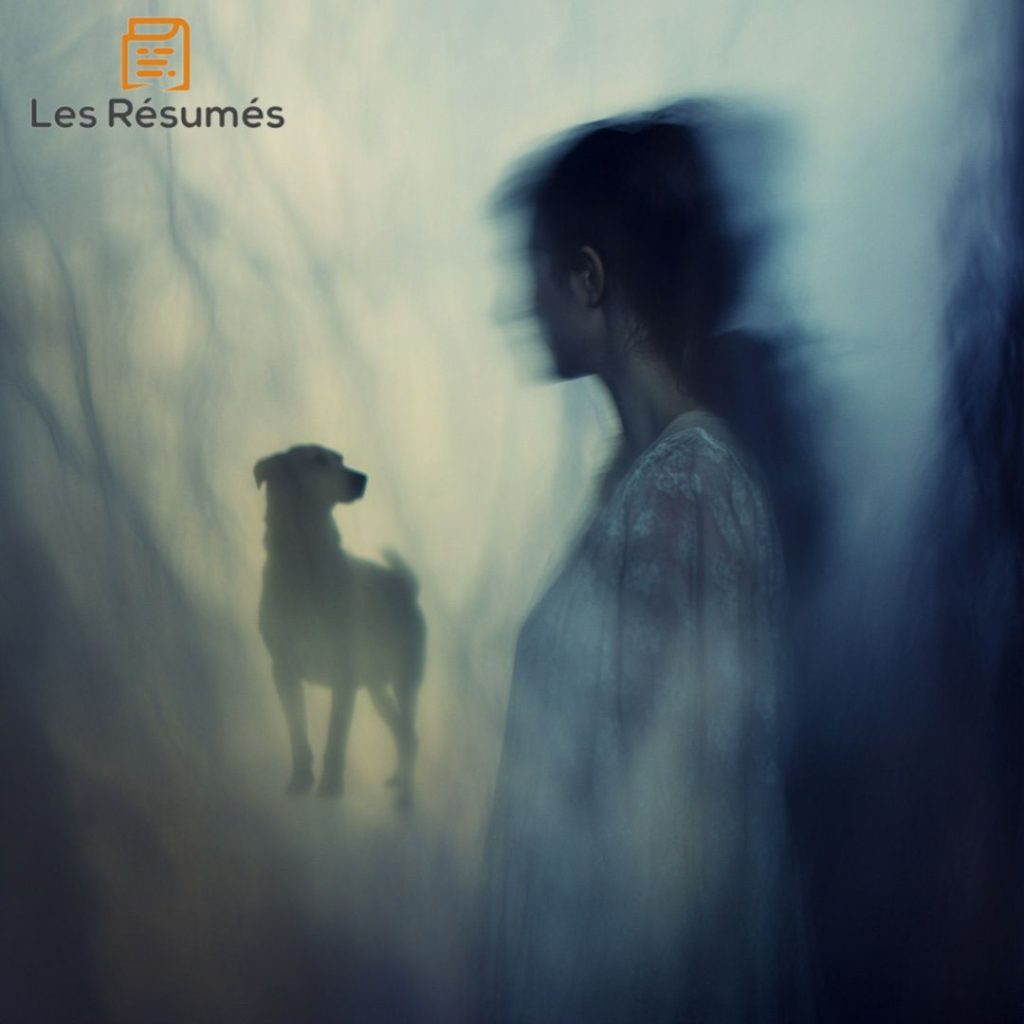 Une silhouette floue d'une femme et un chien se fondent dans une atmosphère mystérieuse. Ce flou renvoie aux moments d'introspection dans Les Vrilles de la vigne, où les frontières entre la réalité et les émotions s'estompent, laissant place à la rêverie et à l'observation intime de la nature.