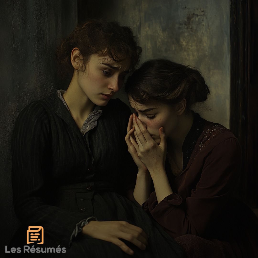 Deux jeunes femmes, l'une pleurant dans les mains de l'autre, dans une ambiance sombre et intime. Cette image représente l'empathie et la douleur partagée, typiques des récits de Colette, où la tendresse entre femmes et la complexité des émotions trouvent une place prépondérante.