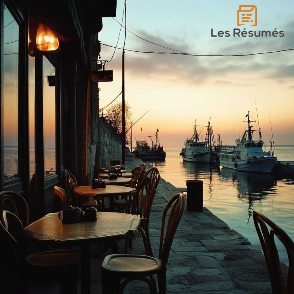 Une terrasse vide donnant sur un port au crépuscule, évoquant une scène de calme et de réflexion. Ce moment de solitude et de contemplation face à la nature est une métaphore des moments introspectifs et méditatifs dans Les Vrilles de la vigne.