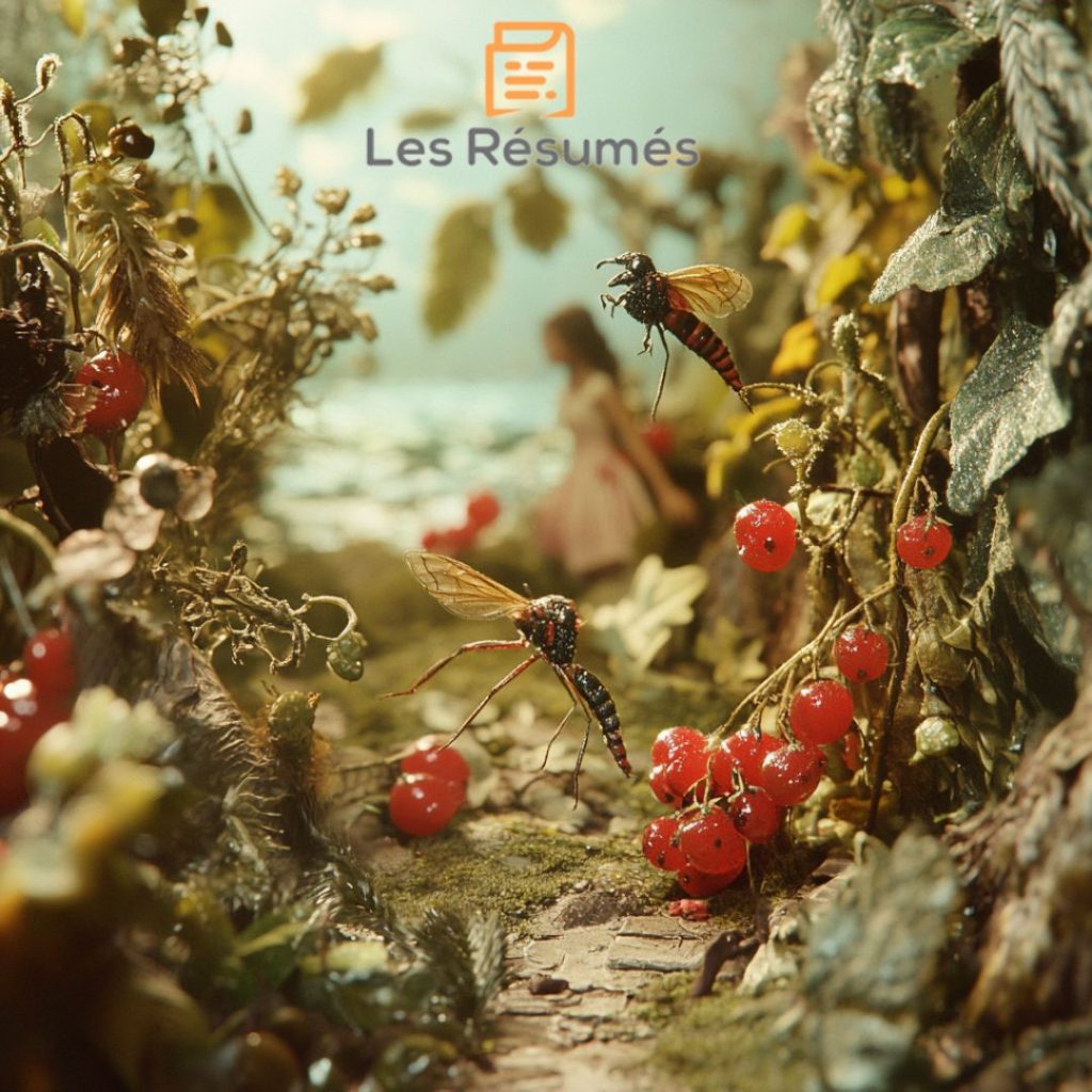 Une scène bucolique avec des insectes, des baies rouges et une petite fille en arrière-plan, créant un univers féerique. Ce lien avec la nature sauvage et son observation minutieuse rappelle la fascination de Colette pour les petits détails de la vie, ses vrilles qui s'entrelacent dans la réalité et l'imaginaire.