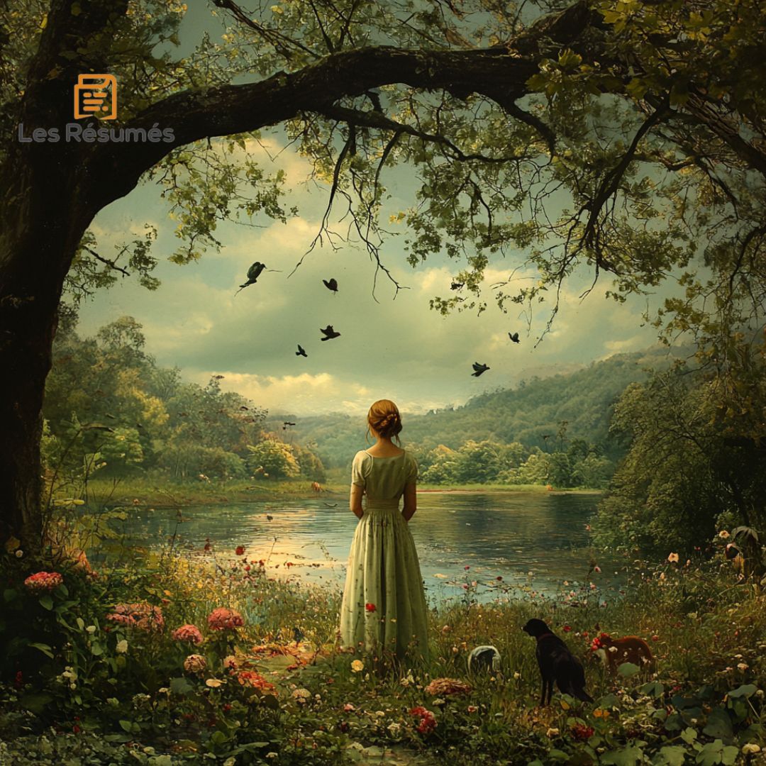 Une femme de dos, face à un lac tranquille entouré d'arbres et d'animaux. L'image incarne l'harmonie avec la nature, un élément central dans l'œuvre de Colette, où les personnages, souvent en quête de paix intérieure, trouvent réconfort et résonance dans les paysages naturels.