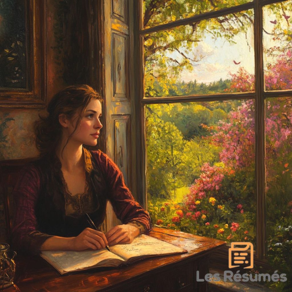 Une femme assise à une fenêtre, écrivant dans un carnet, avec un paysage floral en arrière-plan. Cette scène intime reflète les moments d'écriture et de réflexion de Colette, où la nature sert d'inspiration à la création littéraire, une symbiose entre la vie intérieure et extérieure.