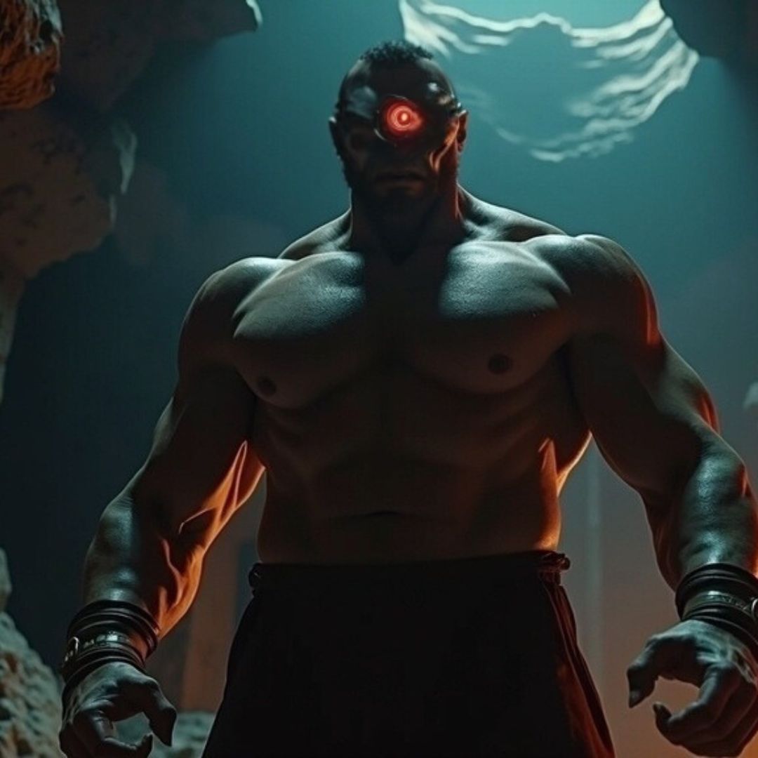Photo de Polyphème, le cyclope monstrueux, dans sa caverne menaçante dans Les Aventures d'Ulysse.