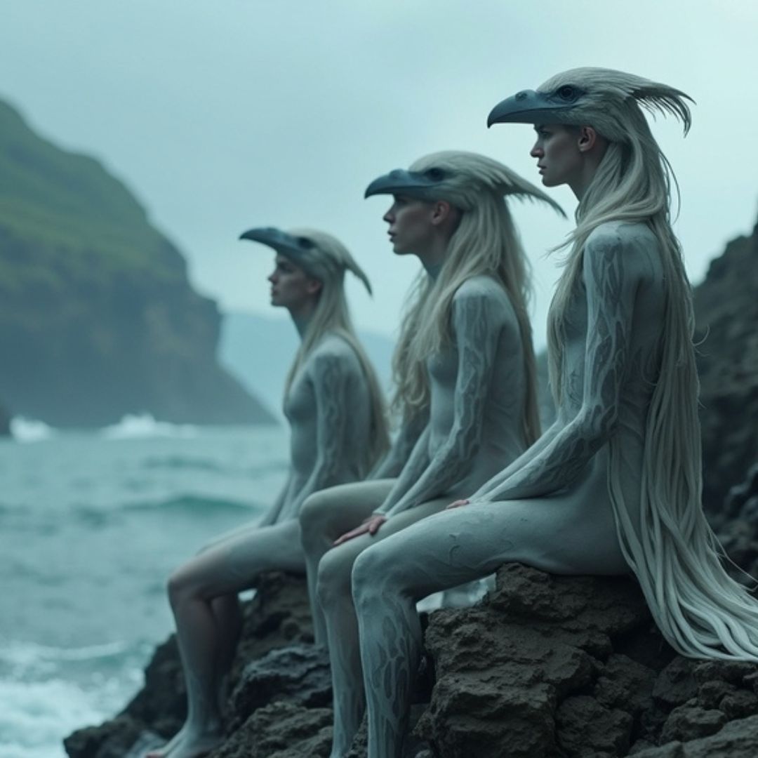 Photo des Sirènes perchées sur des rochers, attendant Ulysse avec leur chant envoûtant.