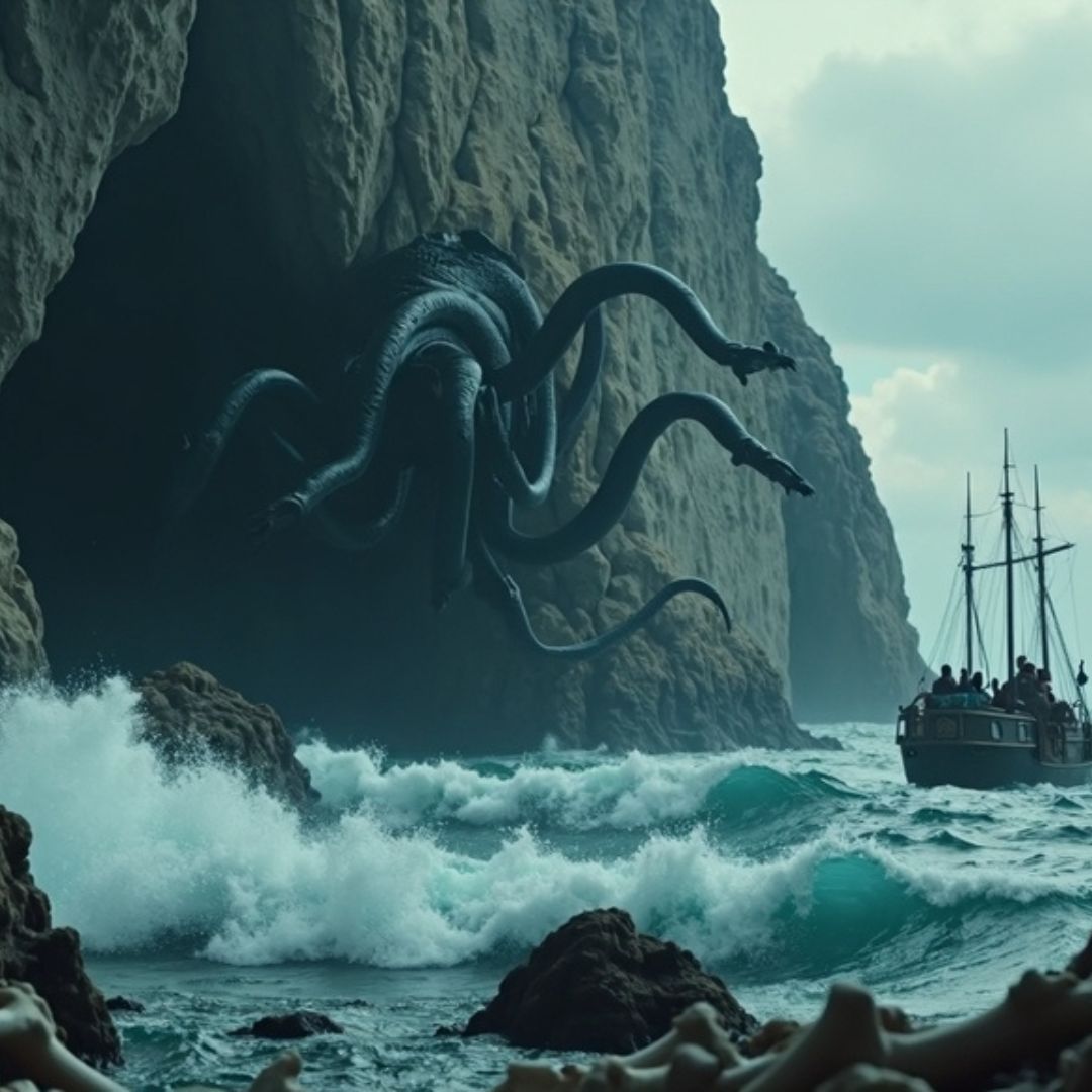 Photo de Scylla, un monstre marin avec des tentacules, gardant l’entrée d’une grotte dans Les Aventures d'Ulysse.