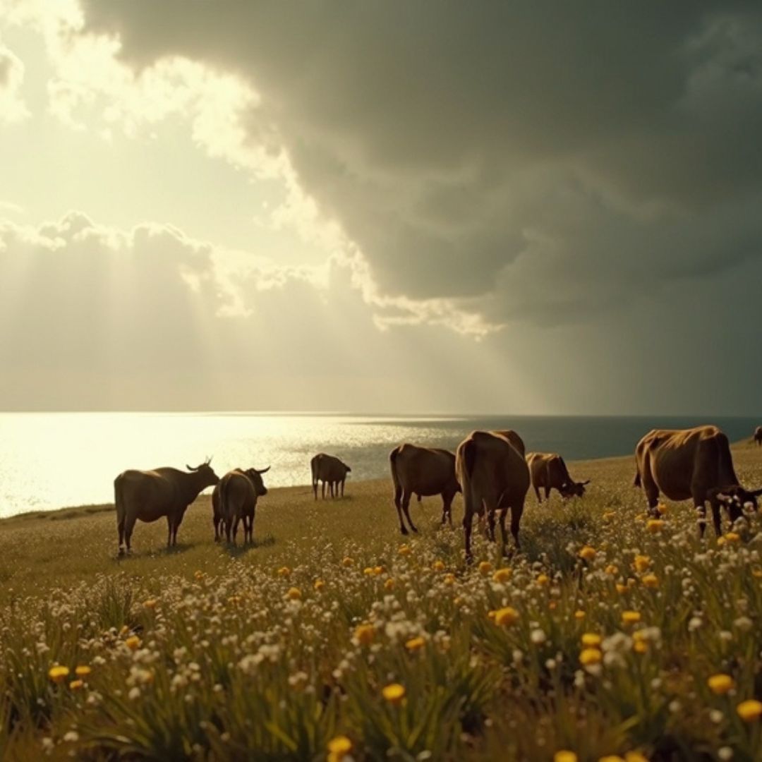 Photo des bœufs sacrés du Soleil paissant paisiblement sous une lumière divine.
