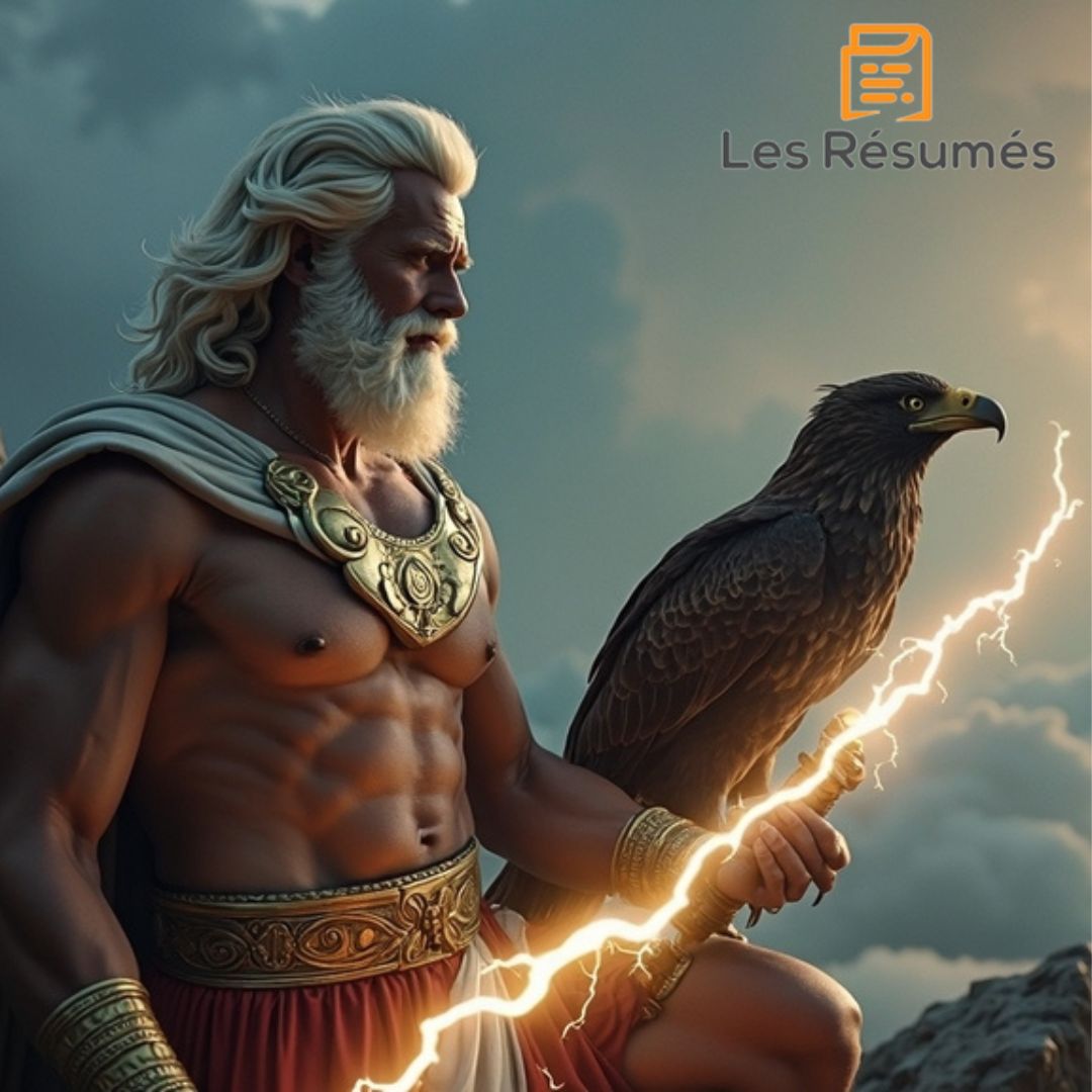 Photo de Zeus, puissant et majestueux, tenant un éclair et accompagné d'un aigle dans Les Aventures d'Ulysse.