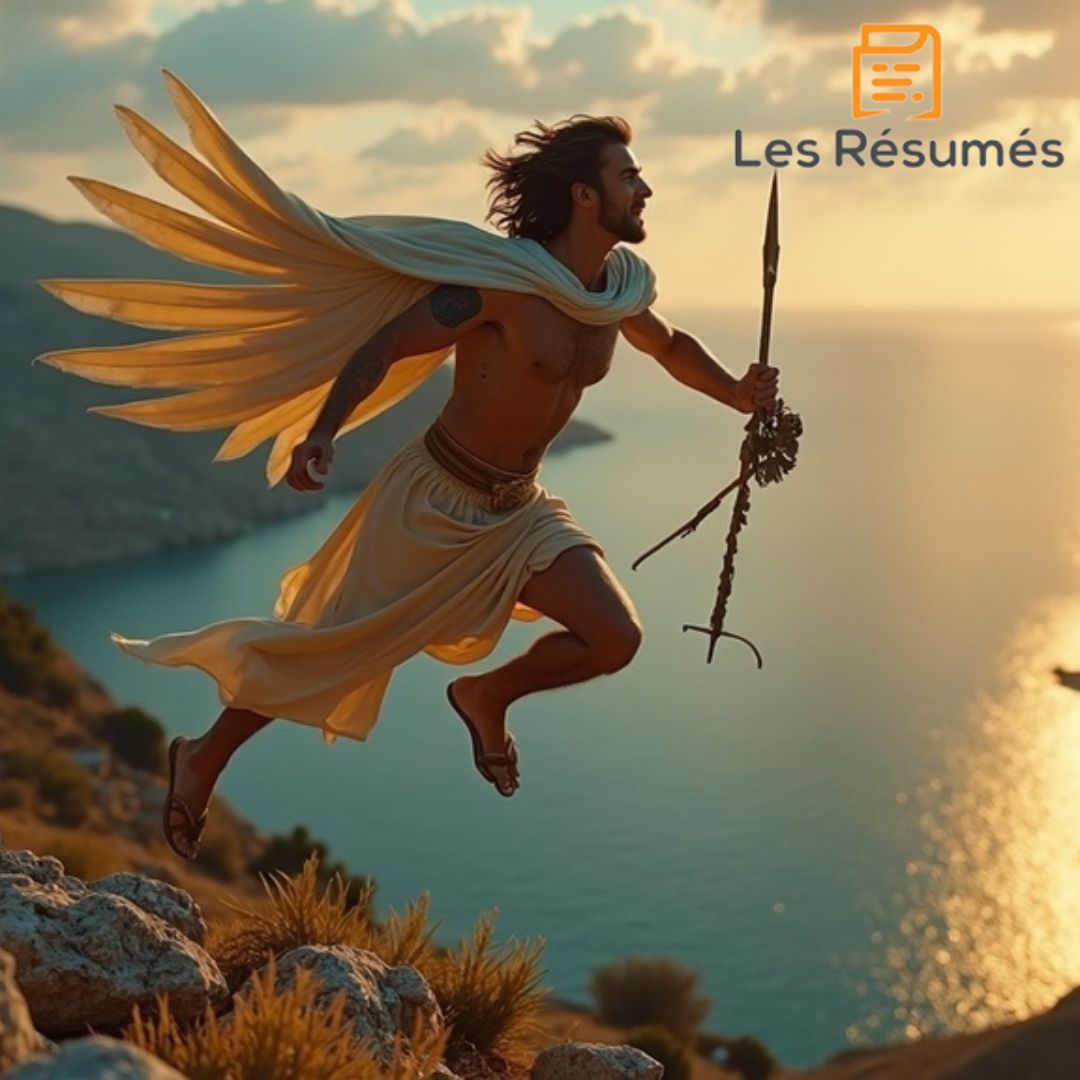 Photo d'Hermès, messager des dieux, en plein vol avec des ailes aux pieds, dans Les Aventures d'Ulysse.