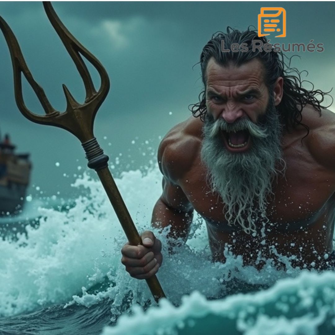 Photo de Poséidon, dieu des mers, brandissant son trident au milieu des vagues, dans Les Aventures d'Ulysse.