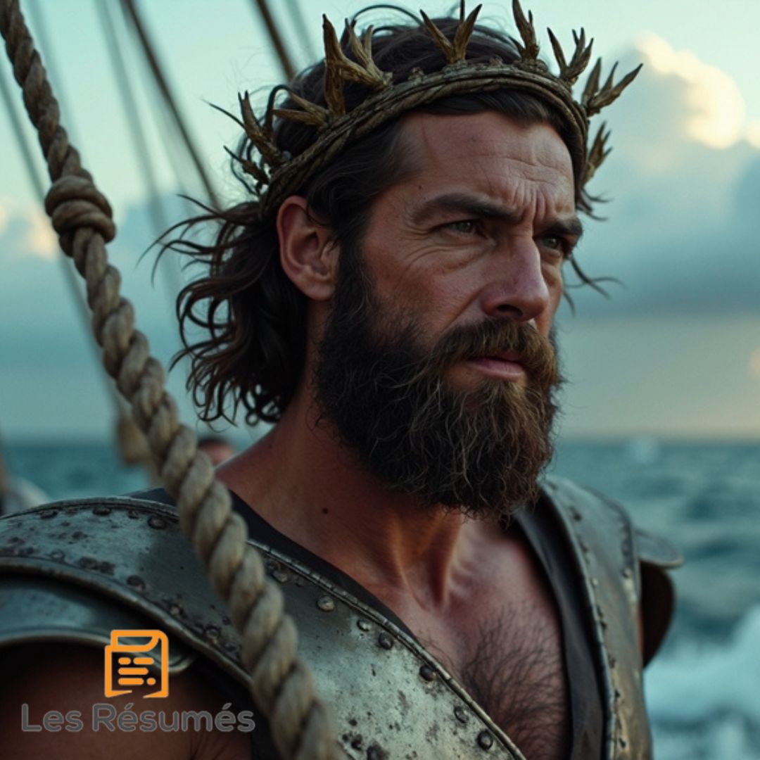 Photo d'Ulysse, barbu et portant une couronne, à bord d’un navire en armure dans les aventures d'Ulysse.