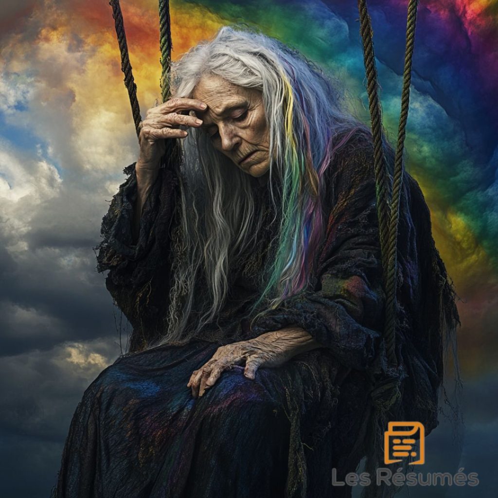 Photographie de la sorcière de l'arc-en-ciel assise sur sa balançoire dans le tome 1 de La Rivière à l'envers.