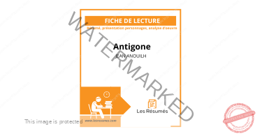 Page de couverture de ce dossier littéraire d'Antigone de Jean Anouilh comprenant résumé, présentation des personnages et analyse d'oeuvre.