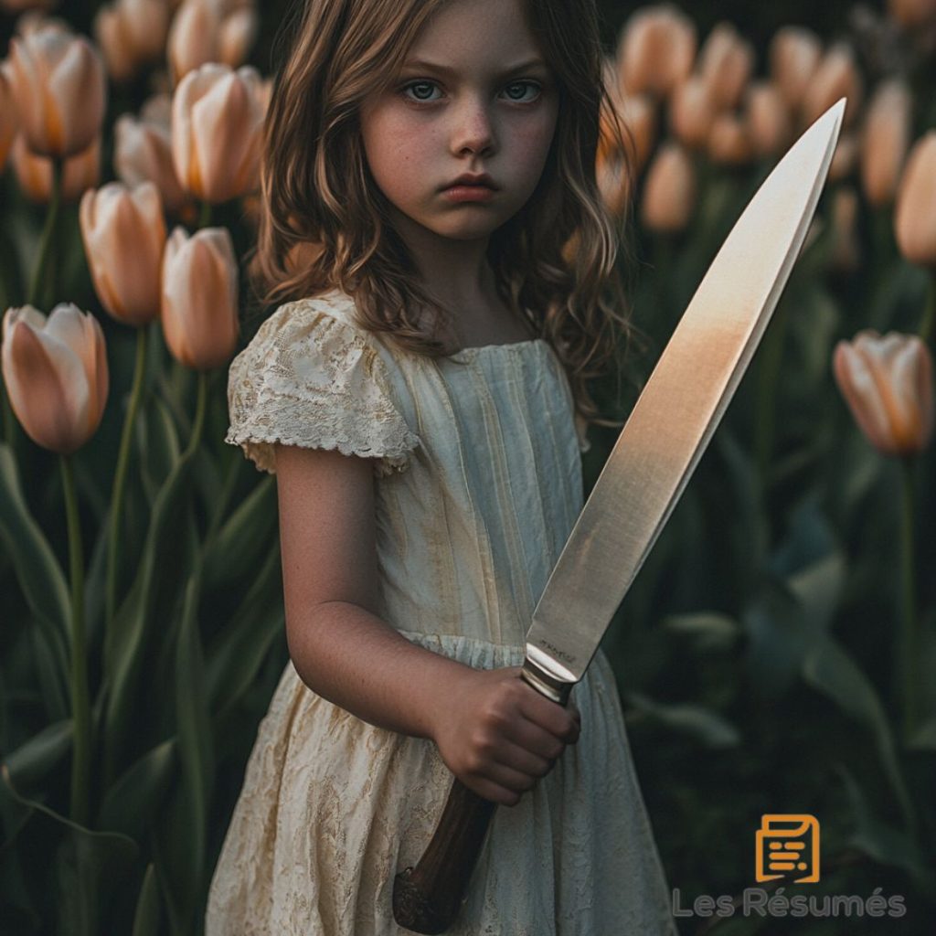 Photographie de la jeune fille qui arrache les tulipes avec son couteau. 