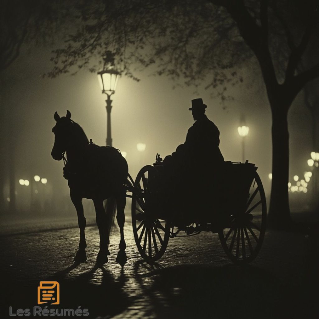 Illustration du cocher et de son cheval au beau milieu de la nuit.